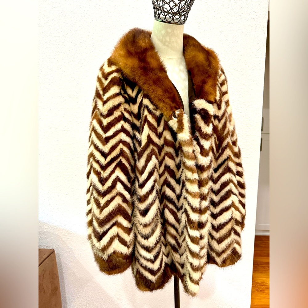 Vintage Nitsa Furs Athens Mink Fur Coat 2 Toned Chevron Herringbone